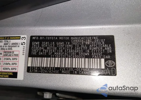 2008 Toyota Corolla Le из США, поврежденный, VIN 2T1BR32E38C890052